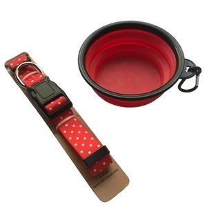 Dog Collar + Collapsible Travel Bowl RED NEW